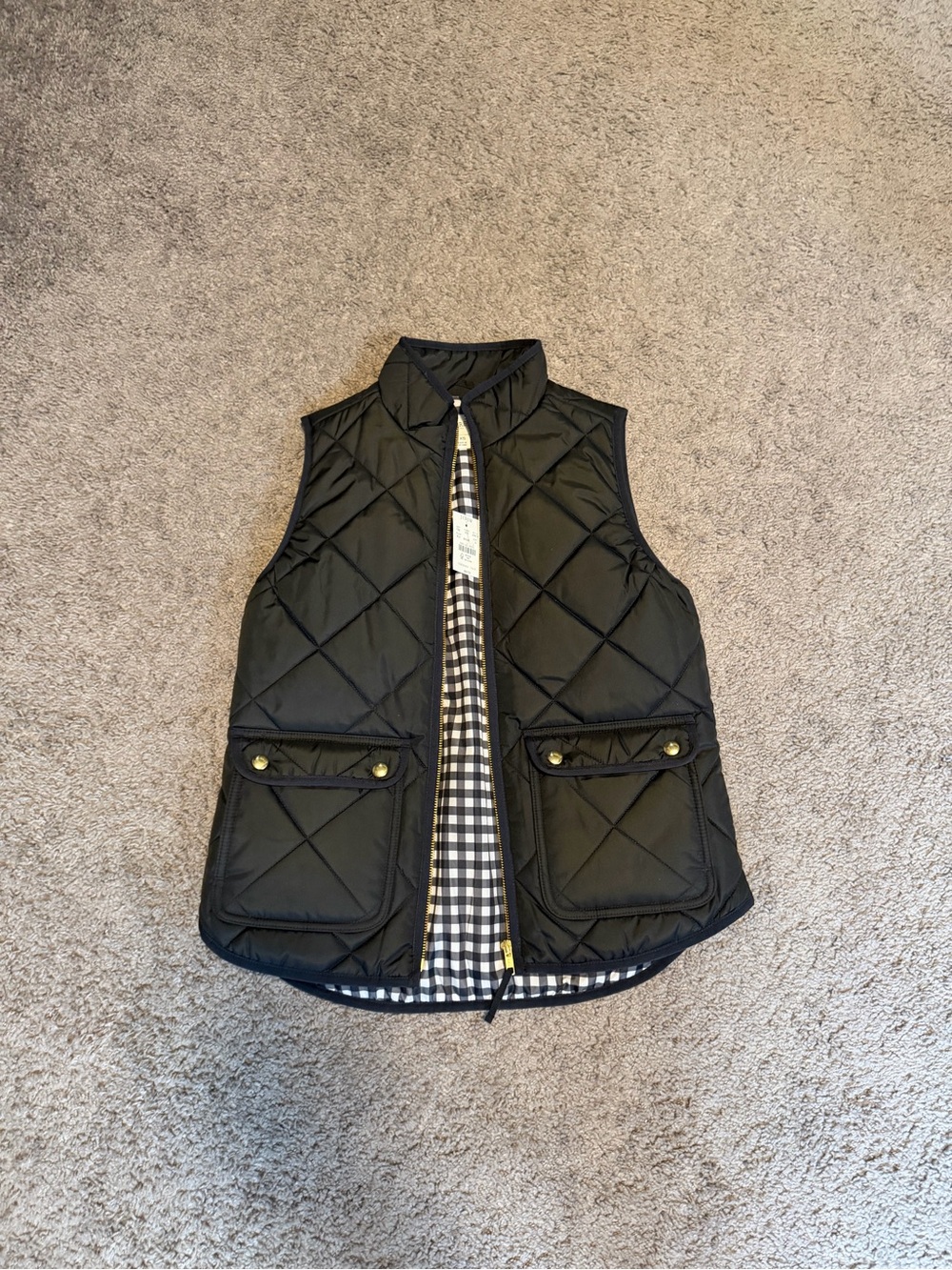 J. Crew Black Quilted Vest with Gingham Lining and Gold Hardware